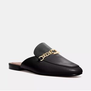 Coach Sofi Black Leather Mules with Gold Chain